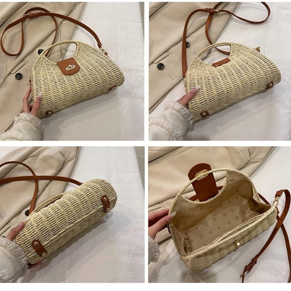 Straw Woven Handle Crossbody Bag with Tan Trim - Picture 7 of 7